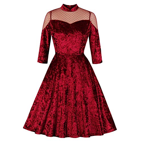 KILLREAL Women's Vintage Chic 3/4 Sleeve Elegant See-Through Mesh Velvet Polka Dot Swing Christmas Party Dress Wine Red Small