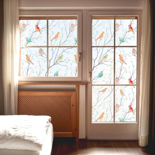 Image of WOO Home Frosted Glass Window Film & Stickers (24 X 120 INCH) Privacy Window Cover for Home & Office - Easy Apply, UV Protection, Removable Decorative Film (Multi Colour Bird Film | 2 X 10 SQFT)