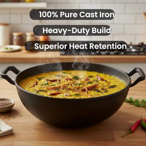 Image of Omichef Pre-Seasoned Cast Iron Kadai with Curved Handle | 25cm / 9.8 Inch, 3.2L (3.3kg) | Induction Friendly | Naturally Non-Stick, Pure & Toxin-Free | Heavy Cast Iron Kadhai No Chemical Coating