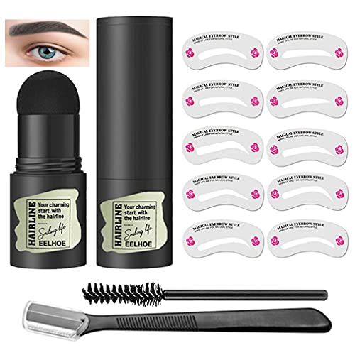 Eyebrow Stamp Shaping Kit, 1 Step Brow Powder Stamp with 10 Reusable Eyebrow Stencils, 1 Brow Razor, 1 Eyebrow Brushes, Long Lasting Buildable Eyebrow Makeup for Women Girl (Dark Grey)