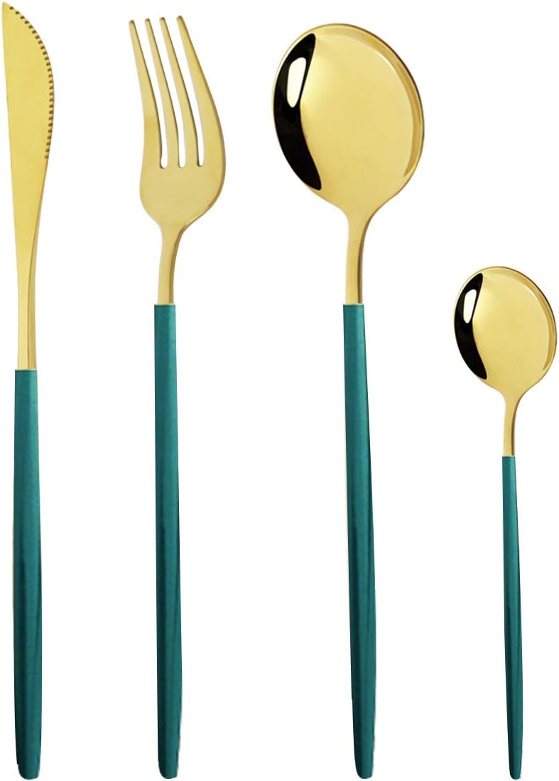 Gugrida - 24 Piece Cutlery Set - Reusable 18/10 Stainless Steel Cutlery Set, Mirror Cutlery, Green Gold Cutlery Set, Ideal for Family Gatherings and Everyday Use (Service for 6)