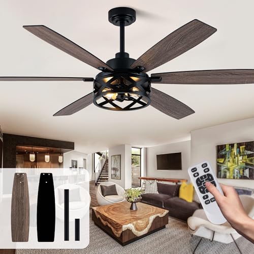 Image of 60 Inch Farmhouse Ceiling Fan with Lights Large Rustic Ceiling Fan Black Caged Fandelier Chandelier Light for Living Room Indoor Outdoor, Reversible DC Motor, 2 E26 Bulbs (Not Included)