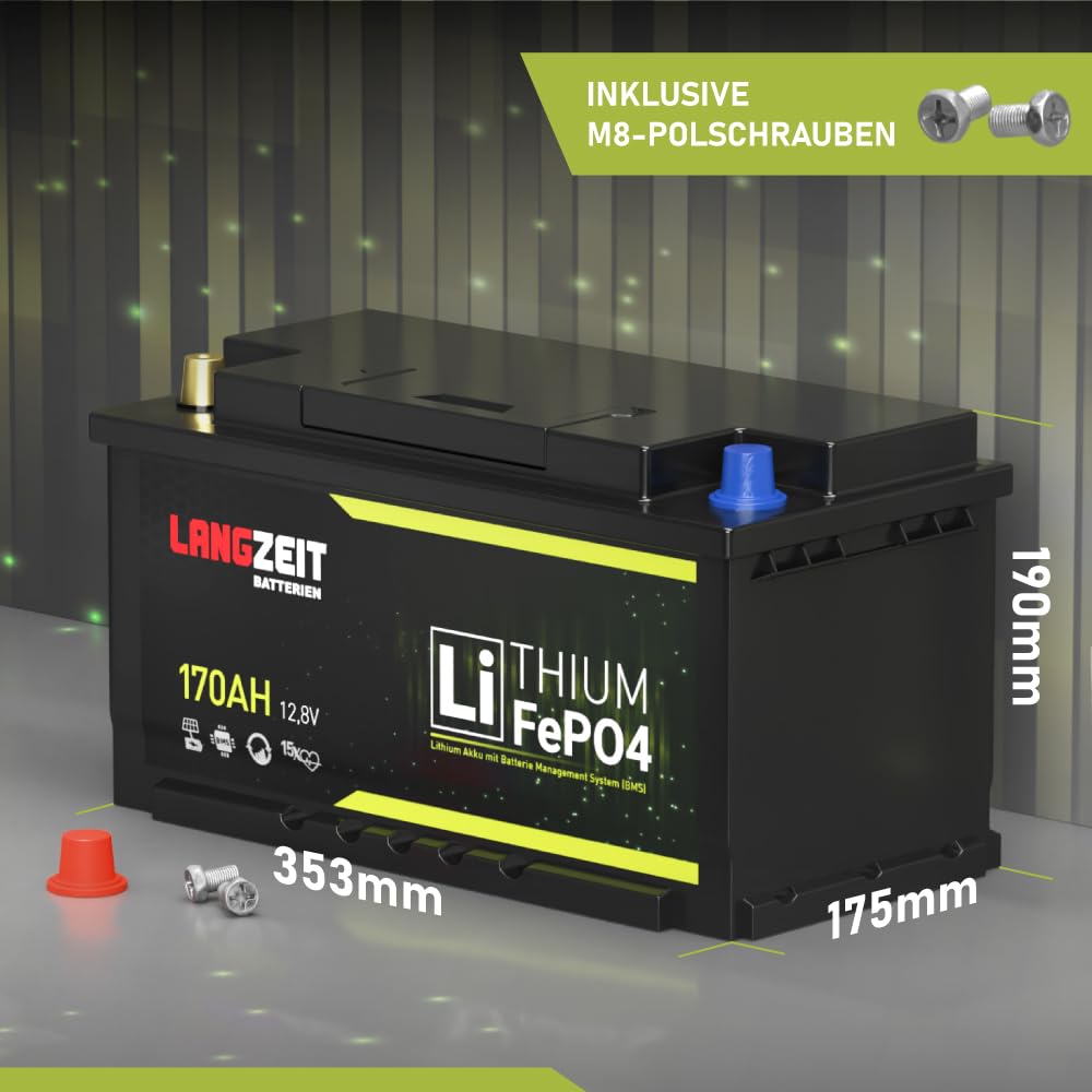 LANGZEIT LiFePO4 170Ah 12V Lithium Batterie DIN L5 H8 mit BMS Solarbatterie Wohnmobil Solar Bootsbatterie Akku ersetzt 100Ah 120Ah 150Ah