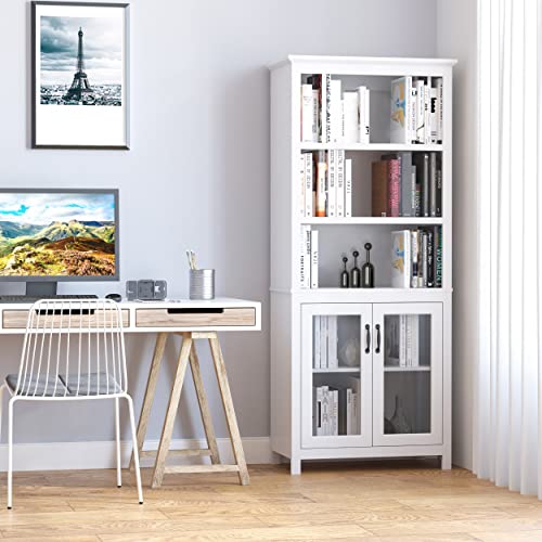 Homcom 71" Bookcase Storage Hutch Cabinet With Adjustable Shelves And Glass Doors For Home Office, Kitchen, Living Room, White #TOP1