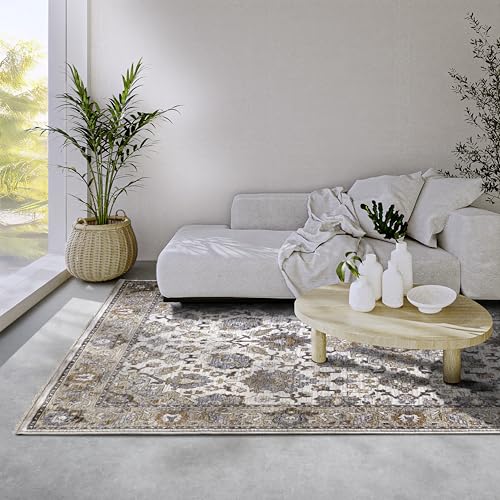Villeroy & Boch Kurzflor Teppich Egon - Orientalischer Wohnzimmerteppich - Klassischer Fransenteppich für Wohnzimmer, Schlafzimmer, Esszimmer, Flur – Creme Multifarben, 160x225cm