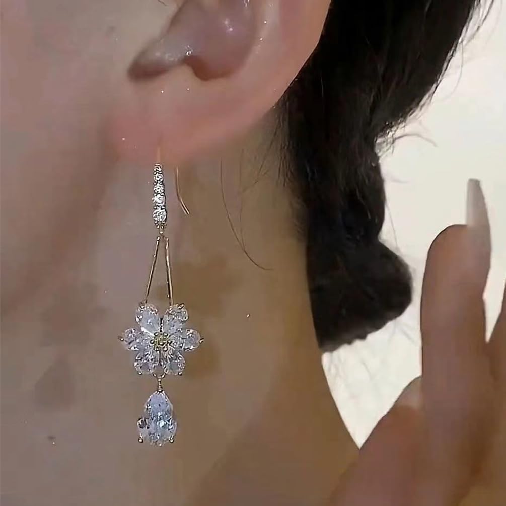 Sparkly Boho Crystal Flower Tear Water Drop Dangle Earrings for Women, Charm Gold Cubic Zirconia Floral Flowers Teardrop Hook Earring Jewelry Gifts - Image 5
