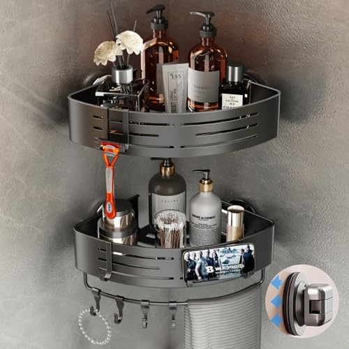 Voldra Corner Shower Caddy Suction Cup Corner Shower Shelves No Drilling Aluminum Upgrade Suction Cup Shower Organizer with Towel Bar & Hooks Removable Bathroom Storage Rack(2 Pack Matte Gray)