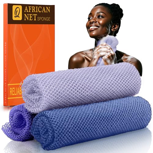 Image of UJFQBH Authentic African Net Sponge 3 Pack, Exfoliating Body Scrubber for Gentle Daily Exfoliation, Deep Cleansing Back Scrubber for Hard to Reach Areas, Quick Drying Shower Essential Ocean Blue