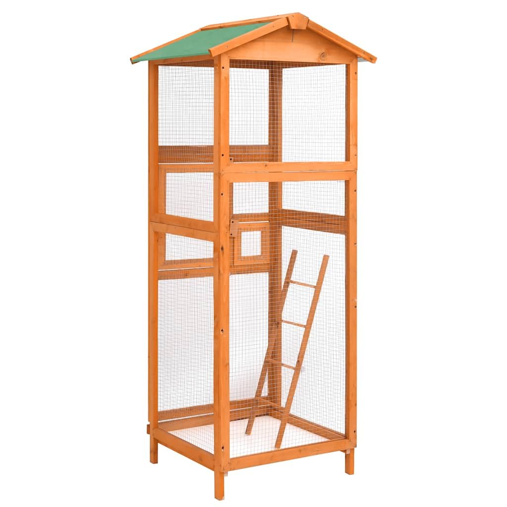 Jaula para pájaros 68x62x166 cm de madera de abeto macizo, gran aviario exterior con malla de hierro, techo impermeable, escalera, bandeja deslizante y dos puertas con cerradura