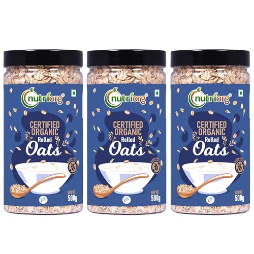 Image of NutriOrg Rolled Oats 1.5kg (Pack of 3 * 500) | Organic & Gluten Free | High Protein & Fibre Rich | Easy to Cook | Fitness Management