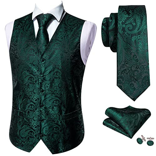 Barry.wang Dark Green Solid Paisley Waistcoat Vest Necktie Set Pocket Square Cufflink Wedding Business Formal #TOP5