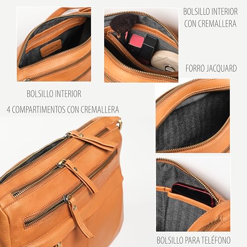 Lavalen Bolso Bandolera Mujer Piel Auténtica - Bolso Mujer Bandolera Regulable con Estilo - Cuero con múltiples Cremalleras - Muchos Compartimentos para uso diario – Monedero de Regalo. - imagen 5