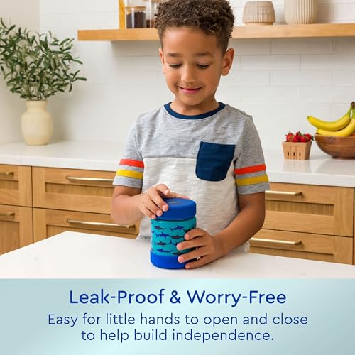Image of Bentgo Kids Stainless Steel Leak-Proof Food Jar for Hot or Cold Food | 11 fl oz Double Insulated Container with Removable Silicone Bumper, Dishwasher Safe, Easy Open Lid, Ages 3+ (Sharks)