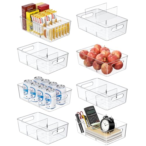 Mpotmiy Pantry Organizers and Storage , 8 Pack Snack Organizer for Pantry Shelf,Food Storage Bins with Divider,Clear Containers for Organizing,Transparent Plastic Basket,Refrigerator and Fridge Bins