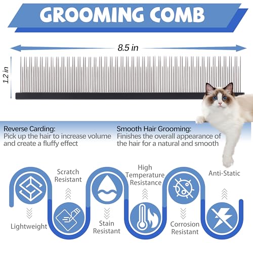 Image of 8.5 Inch Upgrade Black Professional Cat Comb,Dual-Tooth Pet Grooming Comb Anti-Static Smooth Rounded Corners Prevent Friction Breakage and Irritation,Removing Tangles,Knots,Undercoat and Excess Hair