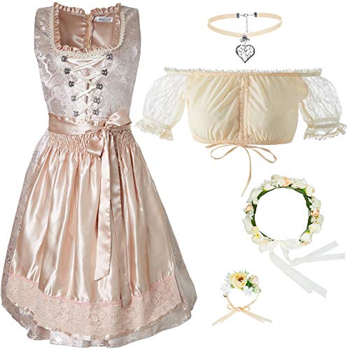 dressforfun 950019 Damen Trachtenset, 5-teilig, Beige Dirndl + beige Trachtenbluse mit Halskette, Armschmuck und Blumenkranz - Diverse Größen (Dirndl L | Bluse L | Nr. 350184)
