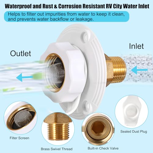 Image of OwnMy RV City Water Inlet with Check Valve Brass RV Water Inlet Connections with Hose Elbow Connector, RV City Water Fill Inlet Flange Replacement for Camper Marine Boat RV Trailer Accessories