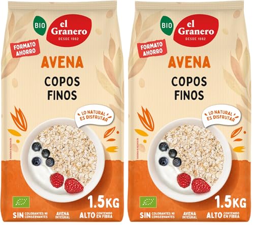 El Granero Integral - Copos Suaves Avena Integral Ecológica - 1.5 kg - Sin Azúcar Añadido - Aptos para Veganos - Alto Contenido en Fibra y Proteínas - Cereales de Desayuno (Paquete de 2)