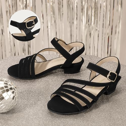 Image of PANDANINJIA Girls Heels Dress Shoes Open Toe Low Heel Sandals Flower Girl Toddler Little Big Kids Wedding Party Shoes