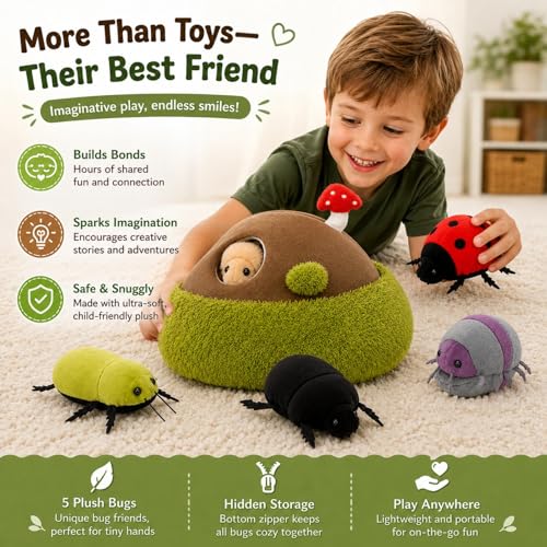 Image of 6Pcs Bug Plush Set, 5 Beetle Stuffed Animals with Dirt Mound,12 inch