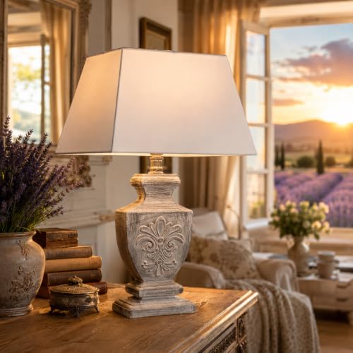 DRULINE Vintage Tischlampe im Landhausstil 53 cm Shabby Chic Nachttischleuchte mit Grauen Holzfuß und weißem Lampenschirm E27 Tischleuchte Ideal für Nostalgie- und Dekorliebhaber