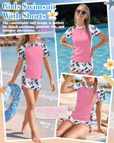 Image of Xaatren Girls 2 Piece Rash Guard Swimsuit | Quick Dry Bathing Suits, Short Sleeve Floral Beach Swimwear, Summer Tee and Boyshort Sets, Protection, Hawaiian, 7-16 Year