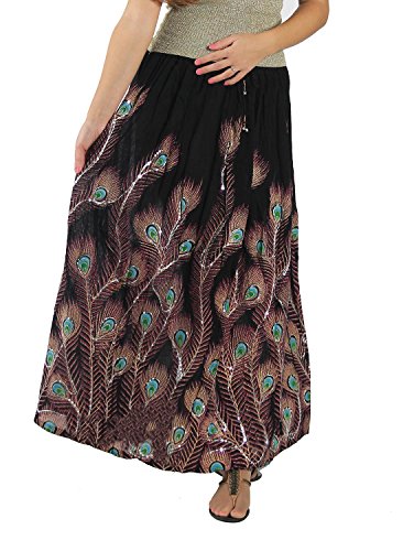 Women's Long Peacock Feather Bohemian Full Length Skirt (Black)2
