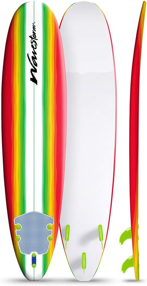 Wavestorm 8ft Classic Soft Surfboard - Lightweight Foam Longboard for Beginners with Fins, Leash & Traction Pad