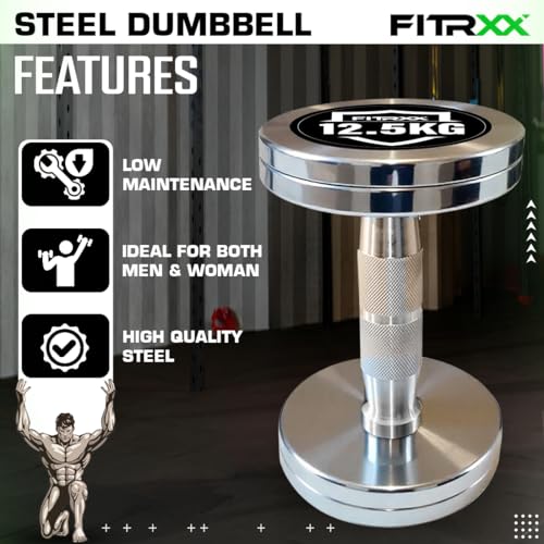 Image of Fitrxx Pair of chrome plated steel Fixed Weight Dumbbells - Gym equipment for home workout | Fitness Gym Dumbbell set for Muscles | stainless steel dumbles set | Dumbell Weights for Workout (Silver, 12.5 Kg Pair)