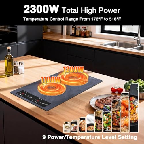 Image of Double Induction Cooktop Portable Electric Cooktop 12 Inch, 110V Induction Burner Hot Plate with Safety Lock, Auto Shutoff Timer Setting, 9 Heating Level and Overheating Protection