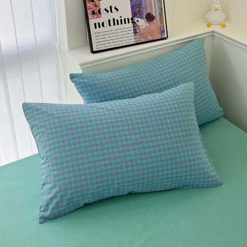 Image of LifeTB Queen Comforter Set Green Gingham Bedding Comforter with 2 Pillowcases Vintage Plaid Checkered Comforter Set Green Purple Plaid Grid Bed Comforter Fluffy Soft Gingham Bedding Set Queen