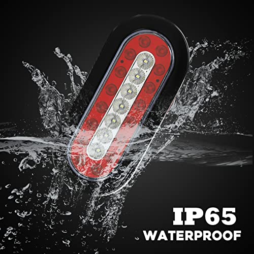 Fsbcgt 2Pcs 6.3" Inch Oval Truck Trailer Led Tail Lights 23 Leds Stop Brake Lights Taillights Running Red And White Backup Reverse Lights With Reflectors Rubber Grommet Flush Mount #TOP4