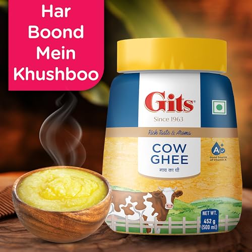 Image of Gits Cow Ghee 500 ml Jar | Pack of 2 | Aroma in every drop |Pure Veg, Pure Cow Ghee, Desi Ghee, No preservatives | Rich Taste & Aroma | Good source of Vitamin A, Delicious, Healthy & Nutritious | Good for Digestion, Heart, Skin and Hair | Homemade taste
