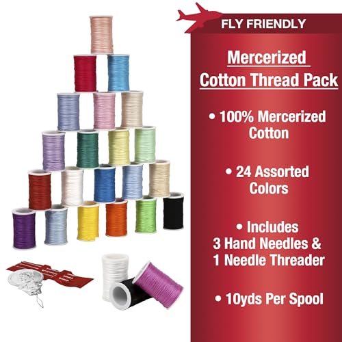 SINGER Pacote de linha de costura manual de algodão mercerizado - 24 cores sortidas, 10 jardas/cada,