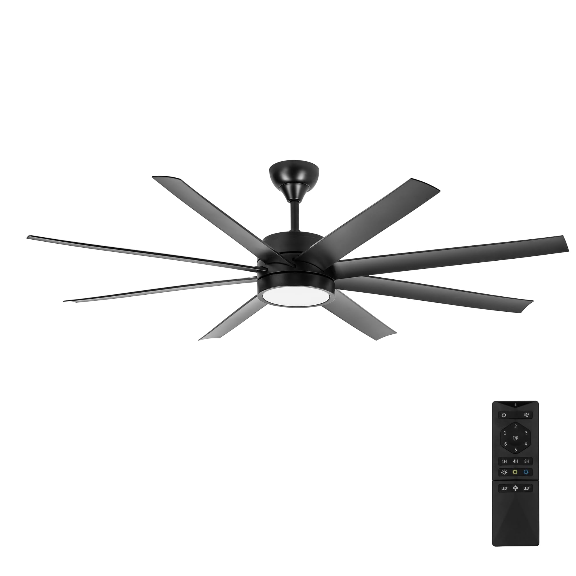 Versa Ventilador Techo Negro. Luz Led 24W Neutra/Cálida/Extra Cálida. Motor DC. 8 Aspas ABS Ø165cm. Verano/Invierno. 6 Velocidades. Control Remoto Temporizador. Silencioso. Brisa Natural