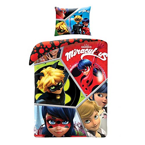 Ladybug Miraculous Team - Juego de funda nórdica y funda de almohada para cama individual, 160 x 200 cm, algodón original