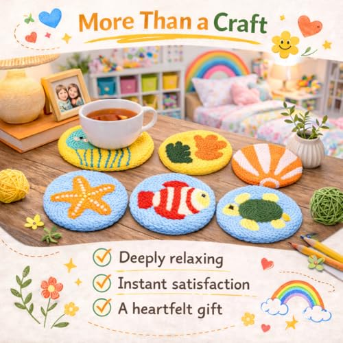 Image of Punch Needle Coaster Kit for Adults Beginners, Easy Punch Embroidery Starter Set with Instructions - Fun Mug Rug Making Kit for Table Decor & Festival DIY Gifts (6pcs Marine Life)