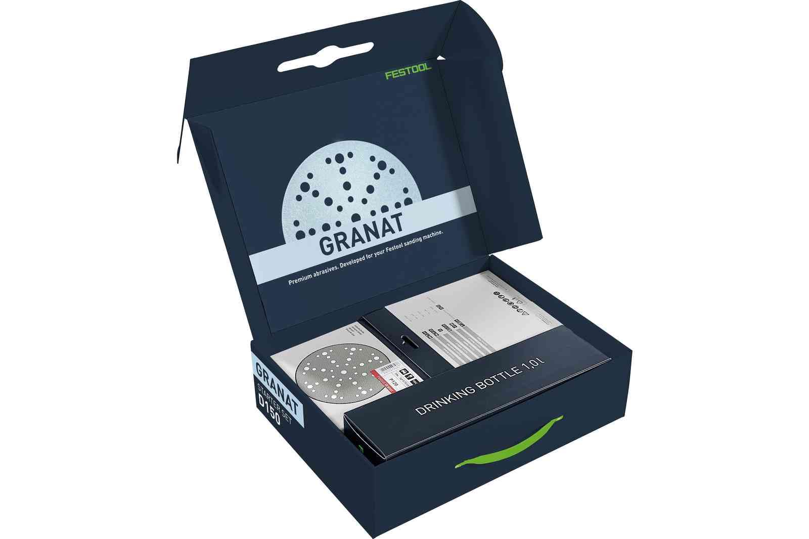 Festool Granat Schleifscheiben Set D150-60x Schleifpapier & Trinkflasche | Für VOC-Lacke & harte Untergründe - Körnung P60 bis P320 - 49-Loch Multi-Jetstream 2 - Passend für RO 150 & ETS 150