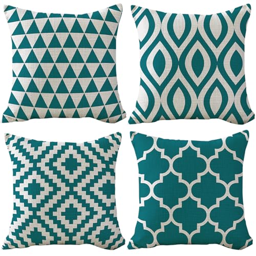 Aotiwe Lot de 4 Housse Coussin 40x40 Salon Bleu Canard Housse de Coussin géométrique Lin Moderne Décor pour Chambre Canapé Balcon Patio