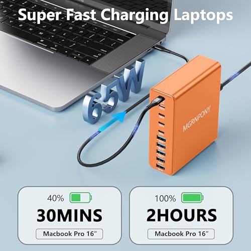 Image of 320W USB C Charger Block, MGRNPONY 10-Port GaN USB C Charging Station | PD 65W Laptop Fast Charger Adapter for MacBook Pro /Air, DELL, iPad, iPhone, Samsung Galaxy(Orange)