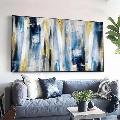 Peintures abstraites bleues et dorées sur toile pour habiller un grand mur de séjour 80x160cm