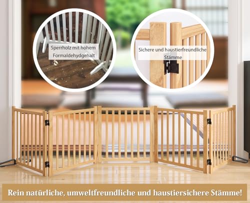 Pshelfy Hundeabsperrgitter aus Holz 5 Paneelen 58cm Höhe - Freistehend & Faltbar, 360° Drehbar für Tür, Treppe, Flur als Welpen-Gitter & Kinderschutzgitter (BxH: 292 cm x 58 cm, Naturholz)