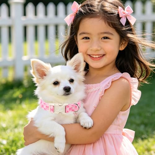 Image of Cute Pink Bow Dog Collar, Girly Cotton Adjustable Puppy Collar with Charm & Durable Quick Release Buckle,Spring Summer Collars for Small Medium Large Dogs