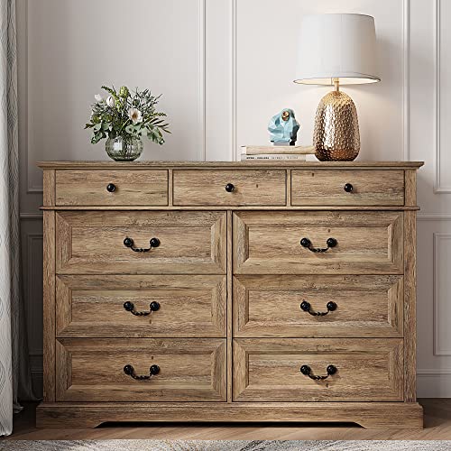 LINSY HOME Dresser for Bedroom, 9 Drawer Long Dresser with Antique Handles, Wood Chest of Drawers for Nursery, Living Room, Entryway and Hallway, Rustic Oak LINSY HOME Dresser for Bedroom, 9 Drawer Long Dresser with Antique Handles, Wood Chest of Drawers for Nursery, Living Room, Entryway and Hallway, Rustic Oak