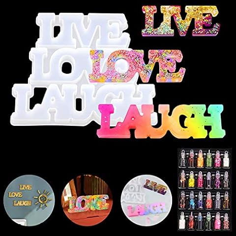 DTMEFJ Love Silicone Resin Mould, Live/Love/Laugh Character Epoxy Casting Mould with 24 Colorful Sequins, DIY Craft Resin Supplies for Desk/Table/Home Decoration Cover
