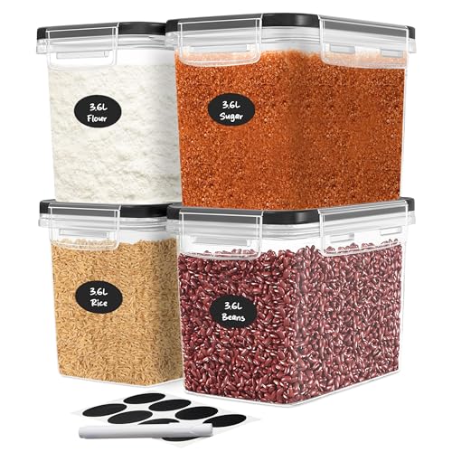 DWËLLZA KITCHEN Flour Sugar Storage Containers Set of 4; 3.6L Plastic Airtight Food Storage Containers with Lids for Kitchen Pantry Organization and Storage - Dry Food Containers, Labels & Marker