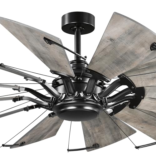 Image of Progress Lighting Springer Collection DC Motor Farmhouse Windmill Ceiling Fan, Matte Black, 12-Blade (60 inch W x 17-3 /8 inch H) P250000-31M