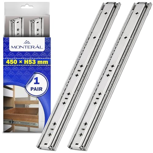 1 Par Guias Correderas para Cajones con Rodamientos de Bolas 450 mm x H 53 mm - Rieles para Cajones Telescopicas de Extensión Total - Garantía de 10 Años - MONTERAL
