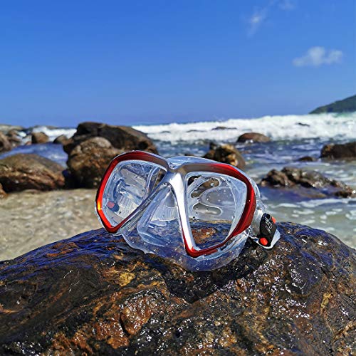 Image of Snorkel Diving Mask Panoramic HD Swim Mask, Anti-Fog Scuba Diving Goggles,Tempered Glass Dive Mask Adult Youth Swim Goggles with Nose Cover for Diving, Snorkeling, Swimming (Clear Red)