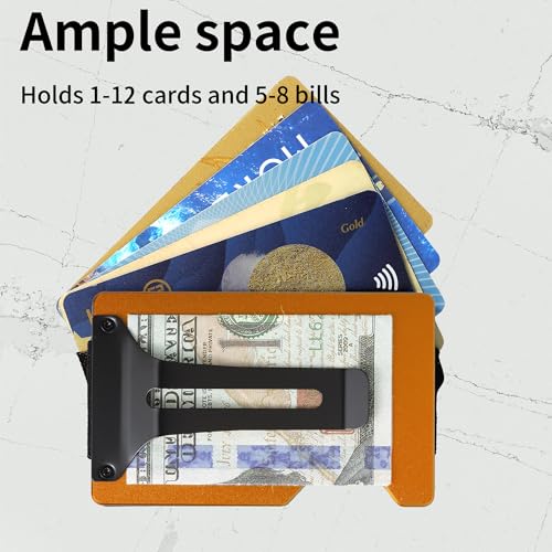 Image of Minimalist Carbon Fiber Wallet for Men, Money Clip Cash Strap Wallet, RFID Blocking Metal Wallet Aluminum Card Holder,Front Pocket Wallet(Matte Orange)